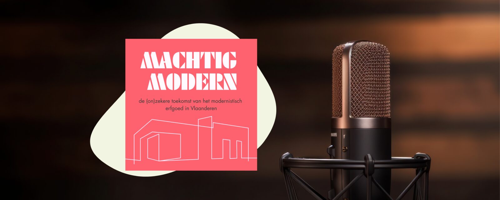 Banner met podcast cover machtig modern en achtergrondfoto met micro