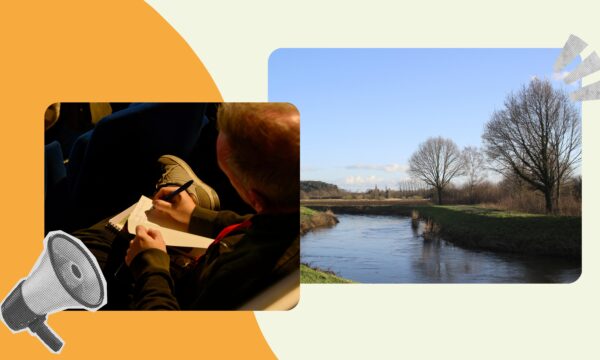 Man die noteert in een boekje en natuurfoto van de Demer