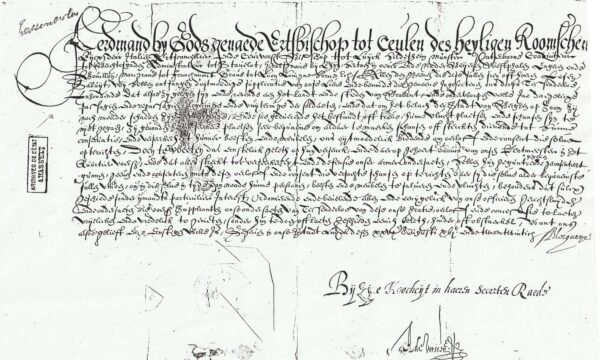 Toelating oprichting van schansen in Tessenderlo door Bisschop Ferdinand van Beieren omstreeks 1621.